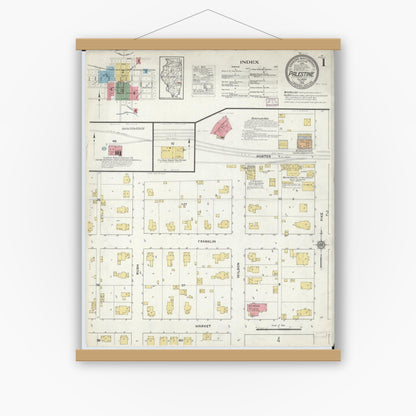 Old map wall art mockup — magnetic wood frame on white wall — Sanborn Fire Insurance Map from Palestine, Crawford County, Illinois (1916) - Complete Map Set