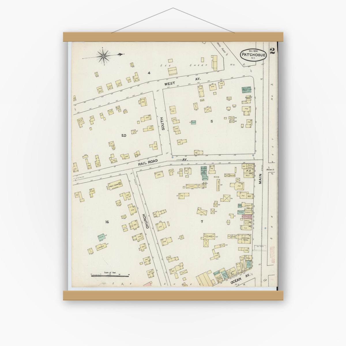 Old map wall art mockup — magnetic wood frame on white wall — Sanborn Fire Insurance Map from Patchogue, Suffolk County, New York (1891), Sheet #0002