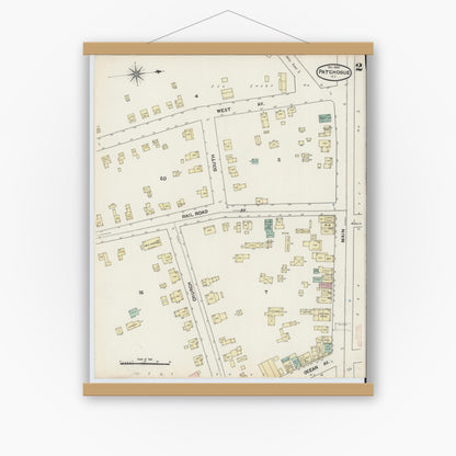 Old map wall art mockup — magnetic wood frame on white wall — Sanborn Fire Insurance Map from Patchogue, Suffolk County, New York (1891), Sheet #0002