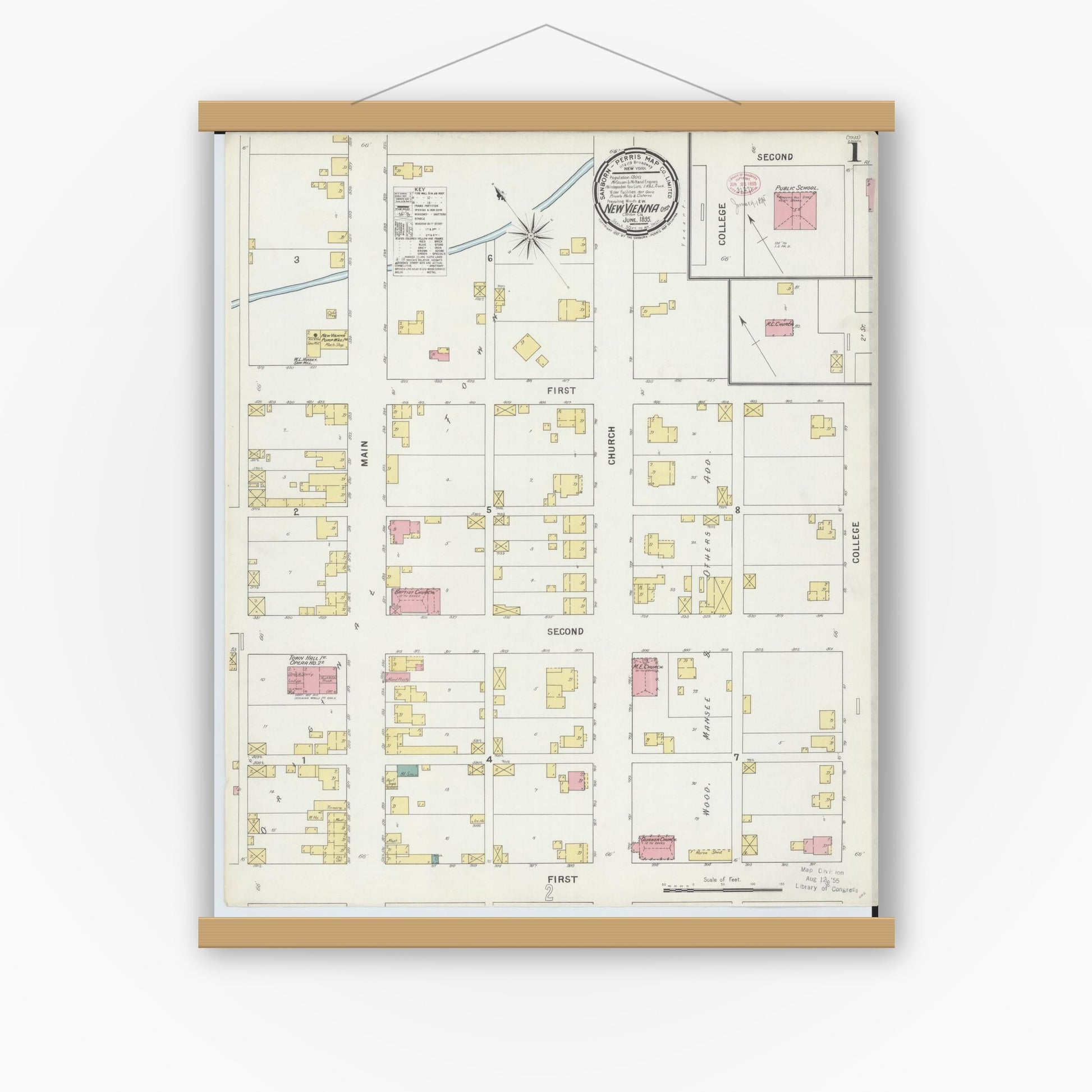 Old map wall art mockup — magnetic wood frame on white wall — Sanborn Fire Insurance Map from New Vienna, Clinton County, Ohio (1895) - Complete Map Set