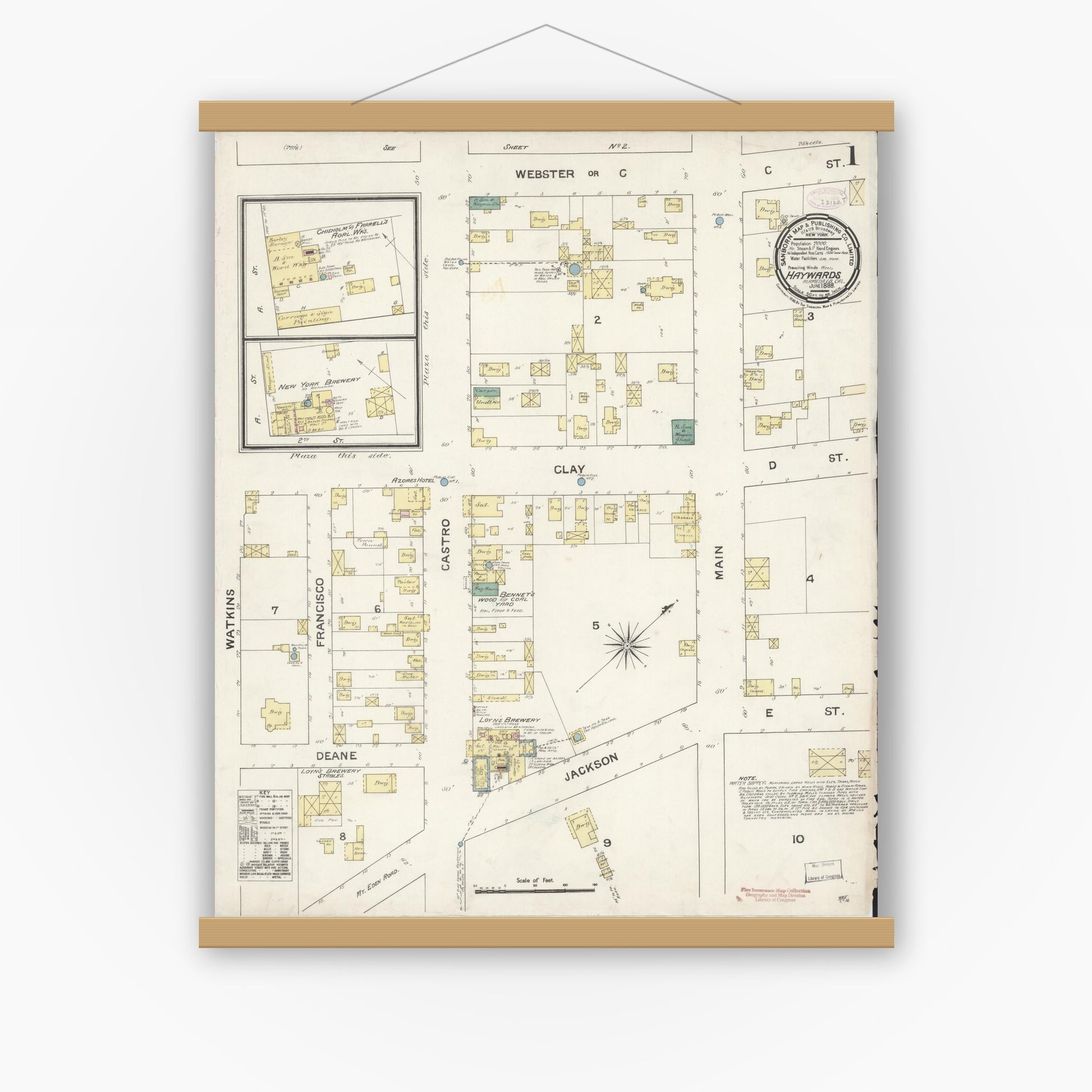 Old map wall art mockup — magnetic wood frame on white wall — Sanborn Fire Insurance Map from Hayward, Alameda County, California (1888) - Complete Map Set