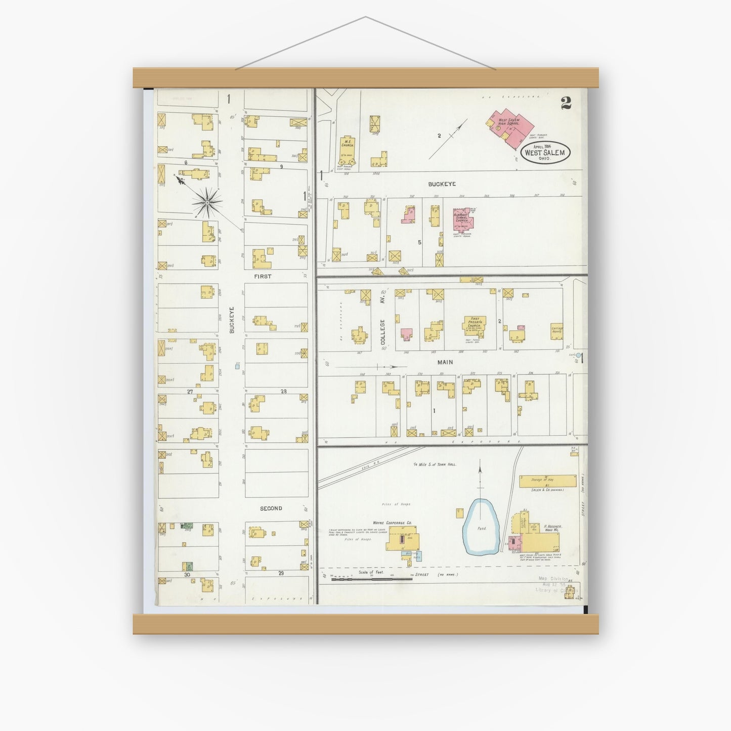 Old map wall art mockup — magnetic wood frame on white wall — Sanborn Fire Insurance Map from West Salem, Wayne County, Ohio (1904), Sheet #0002