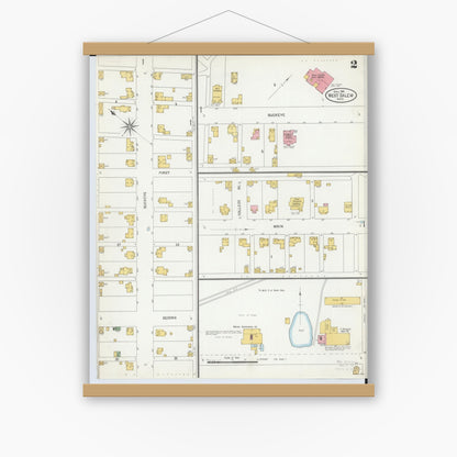 Old map wall art mockup — magnetic wood frame on white wall — Sanborn Fire Insurance Map from West Salem, Wayne County, Ohio (1904), Sheet #0002