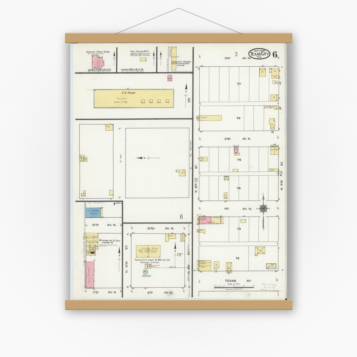 Old map wall art mockup — magnetic wood frame on white wall — Sanborn Fire Insurance Map from Texas City, Galveston County, Texas (1920), Sheet #0006