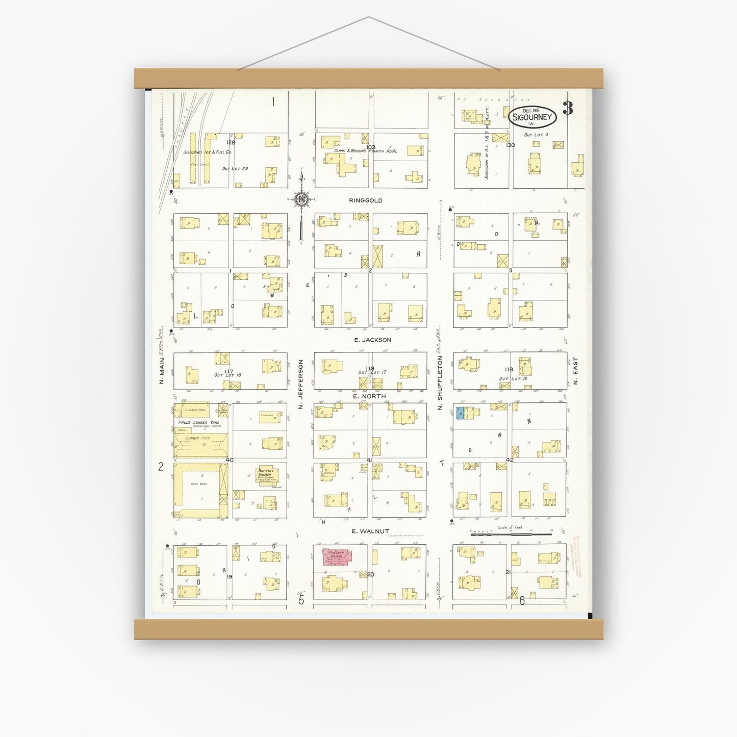 Old map wall art mockup — magnetic wood frame on white wall — Sanborn Fire Insurance Map from Sigourney, Kiokuk County, Iowa (1916), Sheet #0003