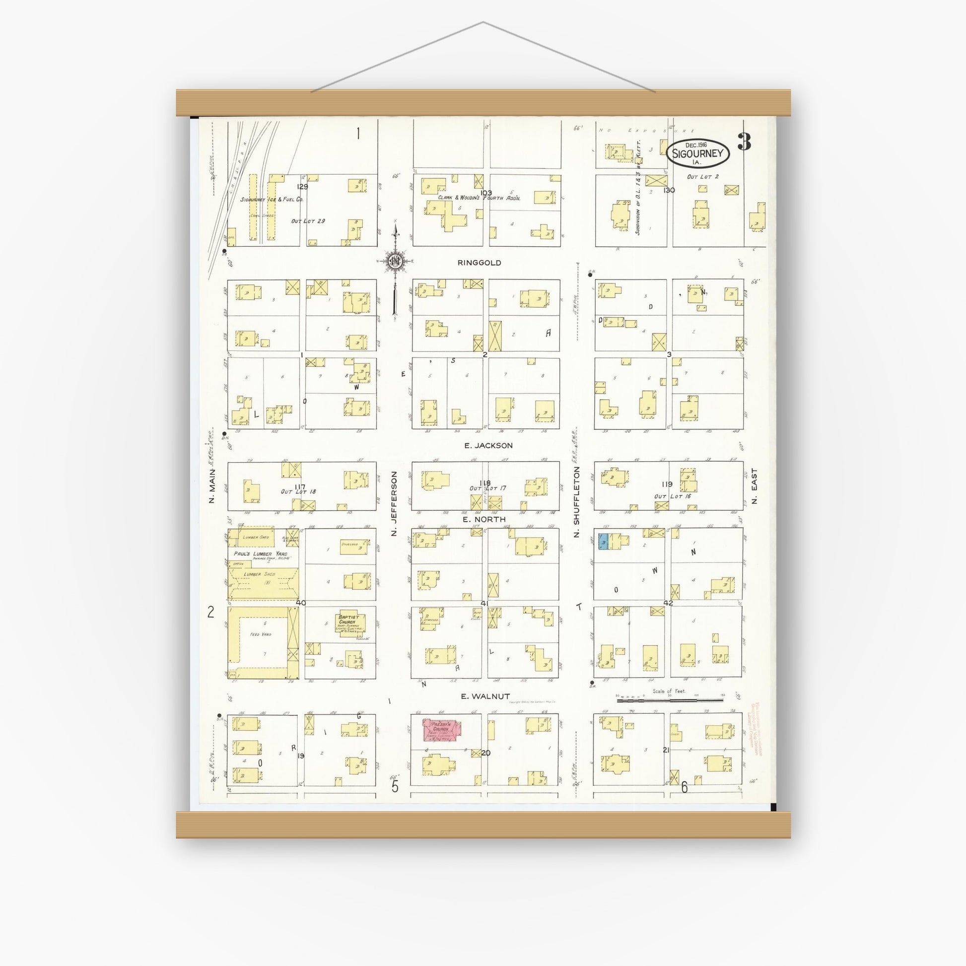 Old map wall art mockup — magnetic wood frame on white wall — Sanborn Fire Insurance Map from Sigourney, Kiokuk County, Iowa (1916), Sheet #0003