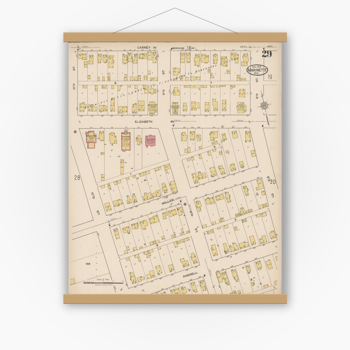 Old map wall art mockup — magnetic wood frame on white wall — Sanborn Fire Insurance Map from Marinette, Marinette County, Wisconsin (1921), Sheet #0029