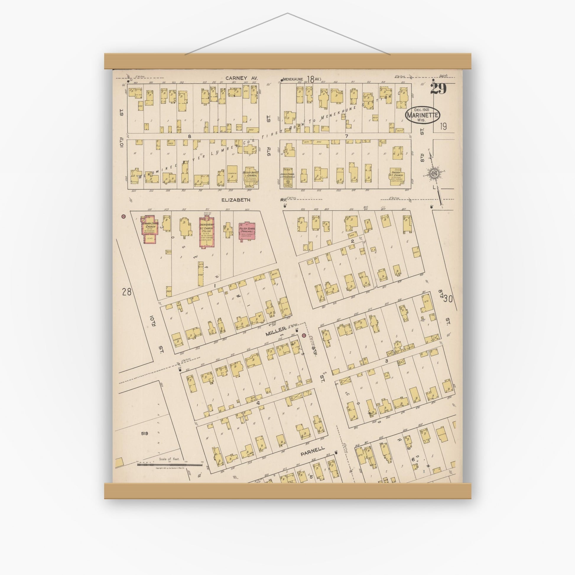Old map wall art mockup — magnetic wood frame on white wall — Sanborn Fire Insurance Map from Marinette, Marinette County, Wisconsin (1921), Sheet #0029