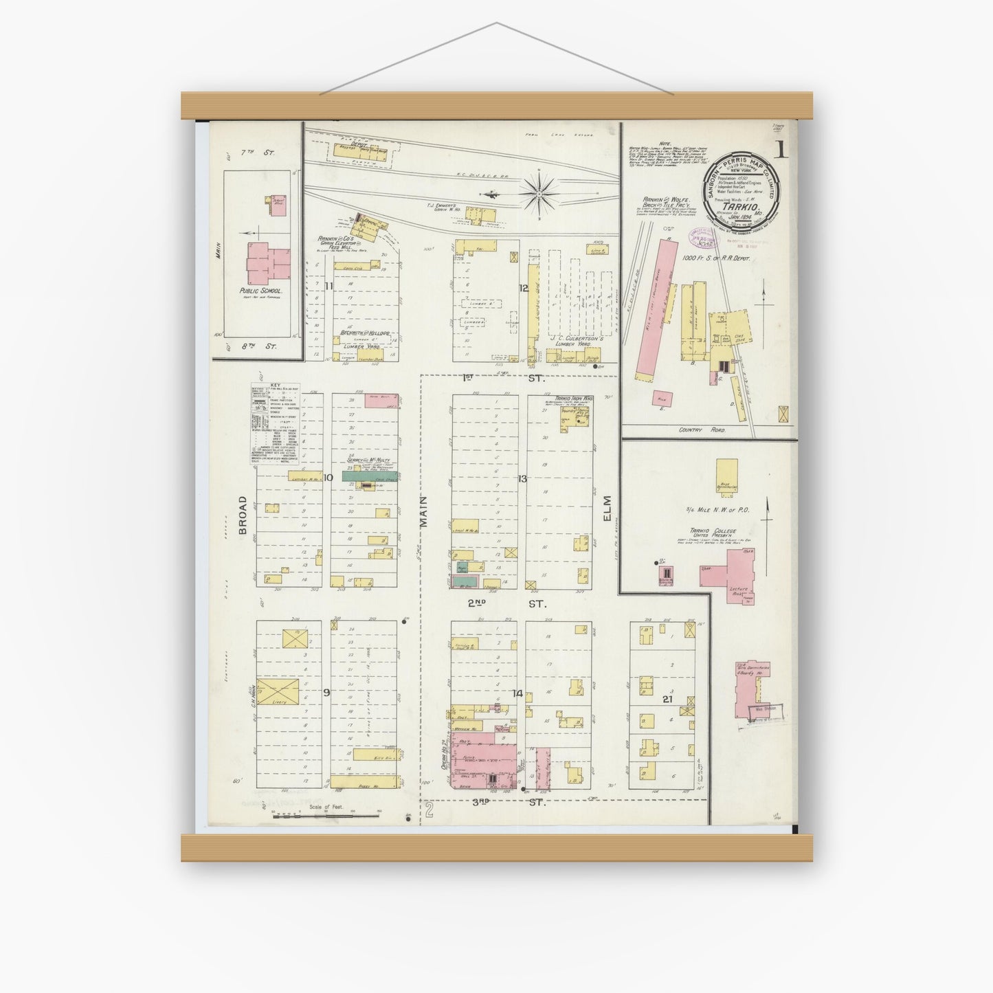 Old map wall art mockup — magnetic wood frame on white wall — Sanborn Fire Insurance Map from Tarkio, Atchison County, Missouri (1894) - Complete Map Set
