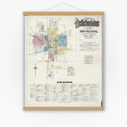 Old map wall art mockup — magnetic wood frame on white wall — Sanborn Fire Insurance Map from Bellefontaine, Logan County, Ohio (1914), Sheet #0001