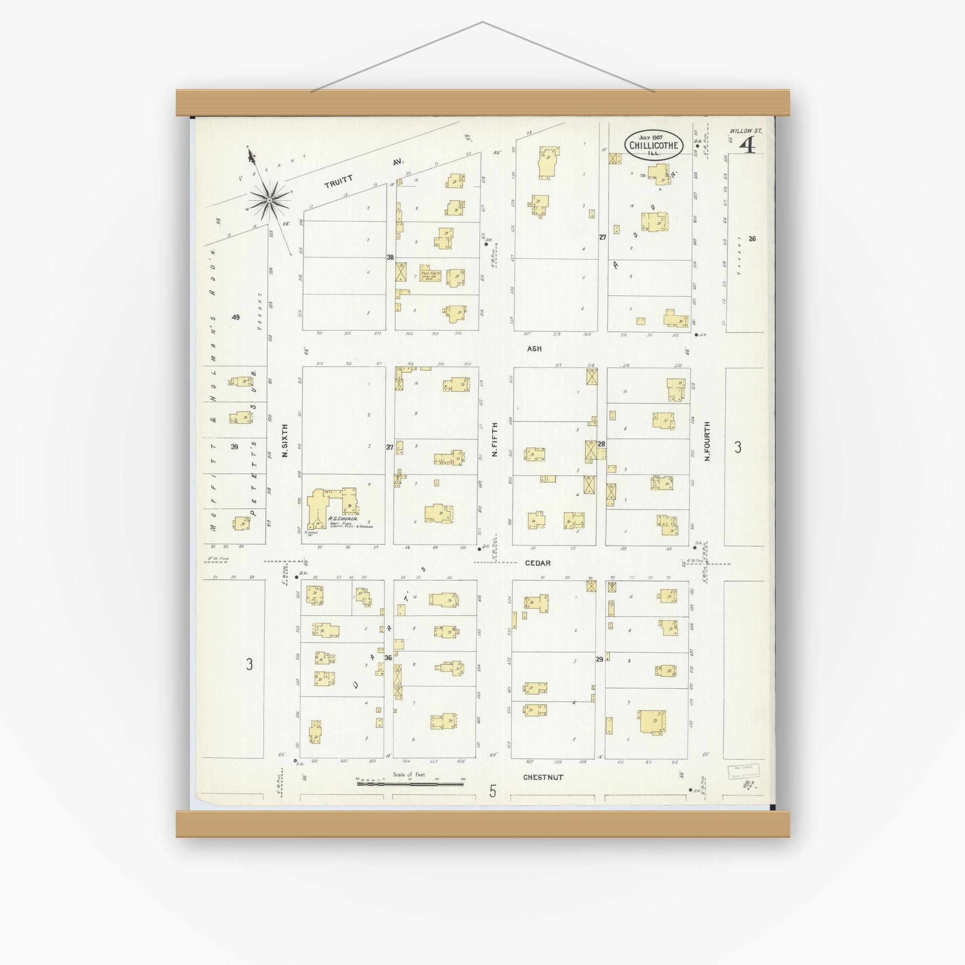 Old map wall art mockup — magnetic wood frame on white wall — Sanborn Fire Insurance Map from Chillicothe, Peoria County, Illinois (1907), Sheet #0004