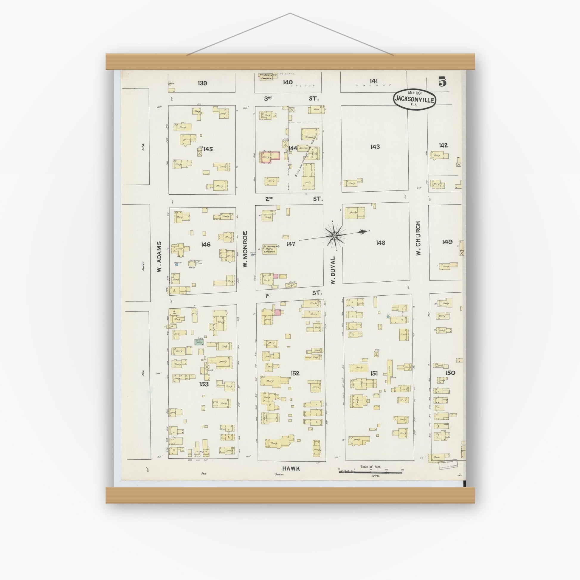 Old map wall art mockup — magnetic wood frame on white wall — Sanborn Fire Insurance Map from Jacksonville, Duval County, Florida (1891), Sheet #0005