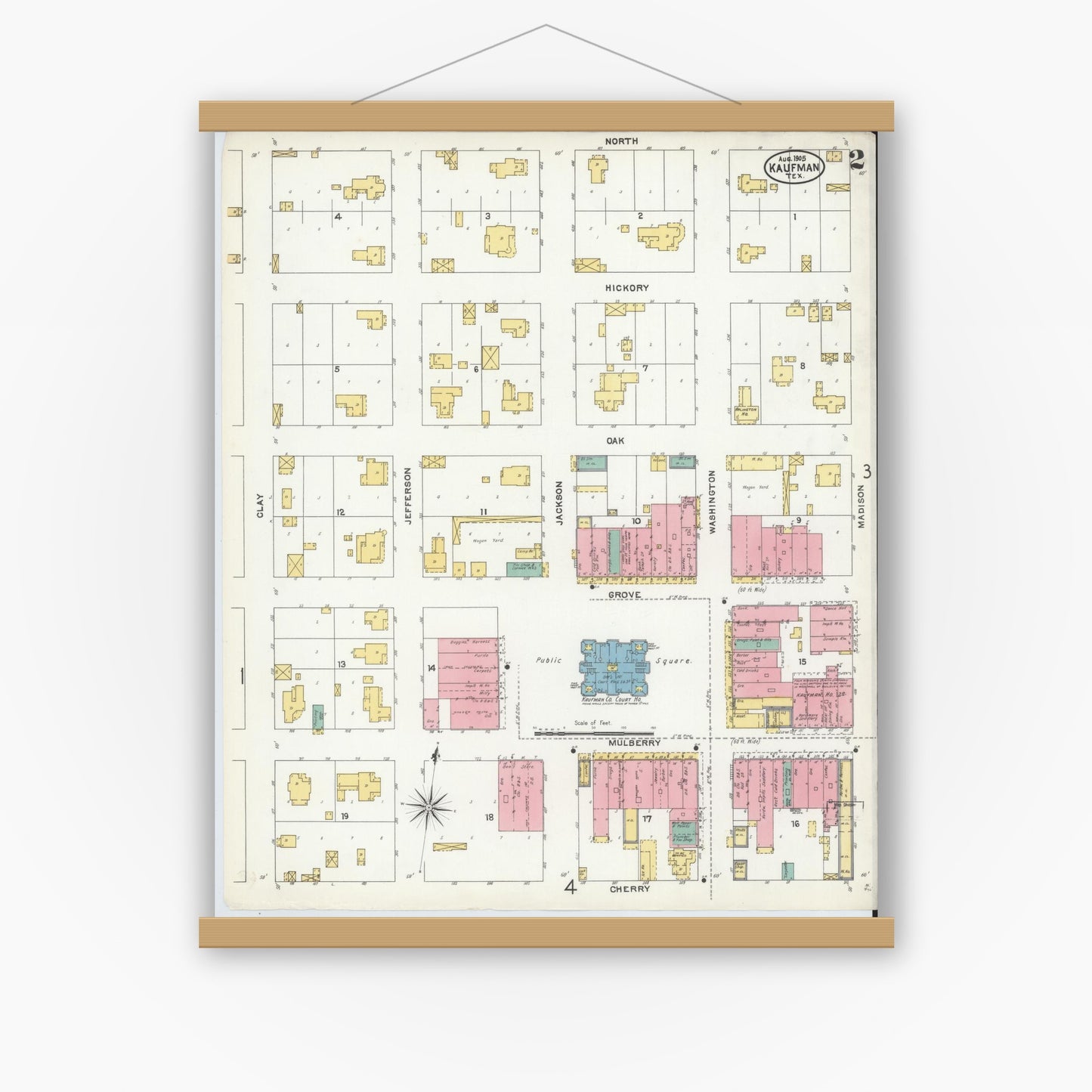 Old map wall art mockup — magnetic wood frame on white wall — Sanborn Fire Insurance Map from Kaufman, Kaufman County, Texas (1905), Sheet #0002