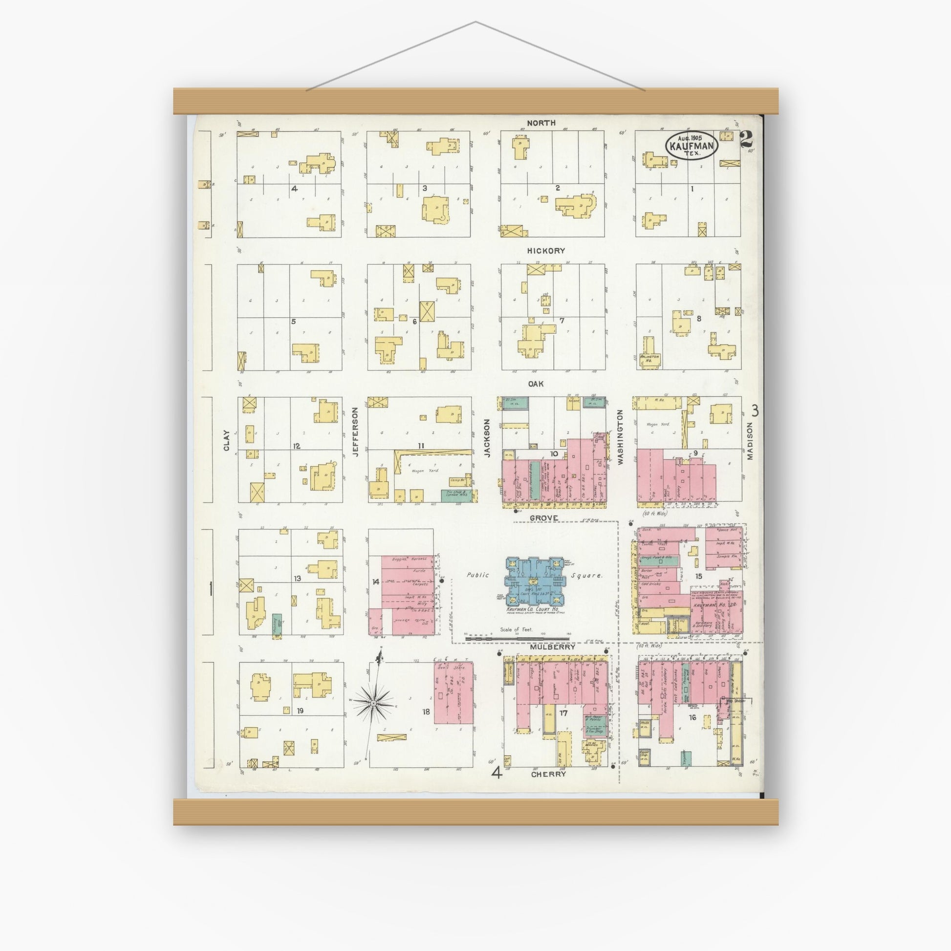 Old map wall art mockup — magnetic wood frame on white wall — Sanborn Fire Insurance Map from Kaufman, Kaufman County, Texas (1905), Sheet #0002