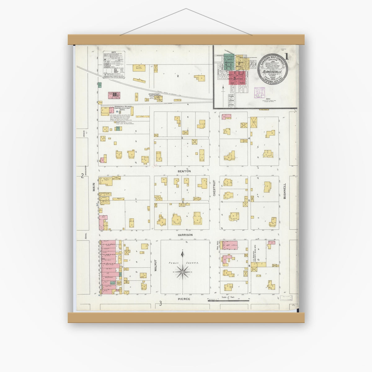 Old map wall art mockup — magnetic wood frame on white wall — Sanborn Fire Insurance Map from Blandinsville, Mcdonough County, Illinois (1906) - Complete Map Set
