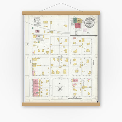Old map wall art mockup — magnetic wood frame on white wall — Sanborn Fire Insurance Map from Blandinsville, Mcdonough County, Illinois (1906) - Complete Map Set
