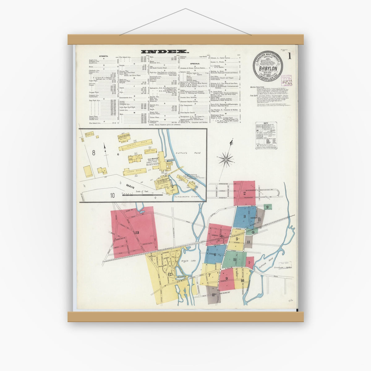 Old map wall art mockup — magnetic wood frame on white wall — Sanborn Fire Insurance Map from Babylon, Suffolk County, New York (1908) - Complete Map Set