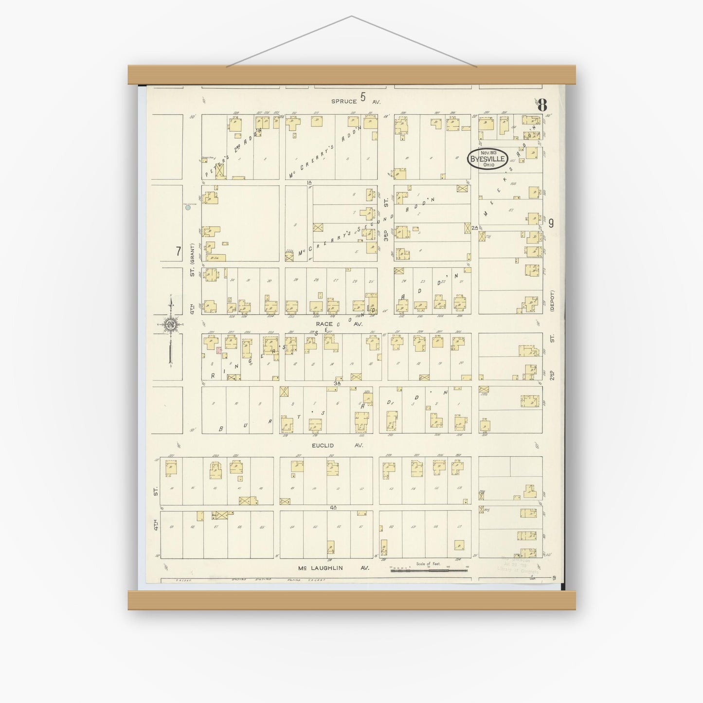 Old map wall art mockup — magnetic wood frame on white wall — Sanborn Fire Insurance Map from Byesville, Guernsey County, Ohio (1913), Sheet #0008