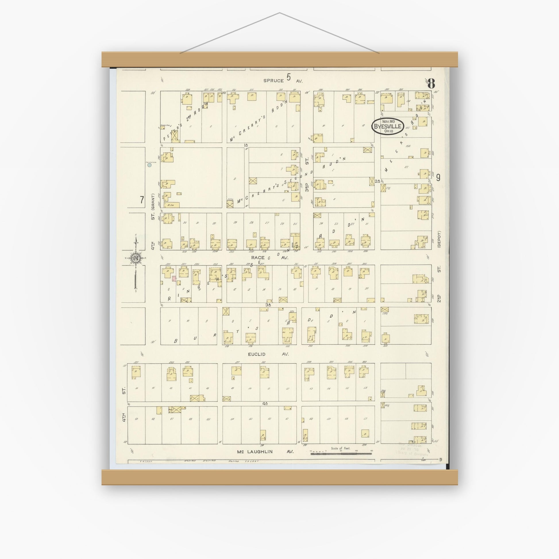 Old map wall art mockup — magnetic wood frame on white wall — Sanborn Fire Insurance Map from Byesville, Guernsey County, Ohio (1913), Sheet #0008