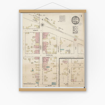 Old map wall art mockup — magnetic wood frame on white wall — Sanborn Fire Insurance Map from Fenton, Genesee County, Michigan (1884), Sheet #0001