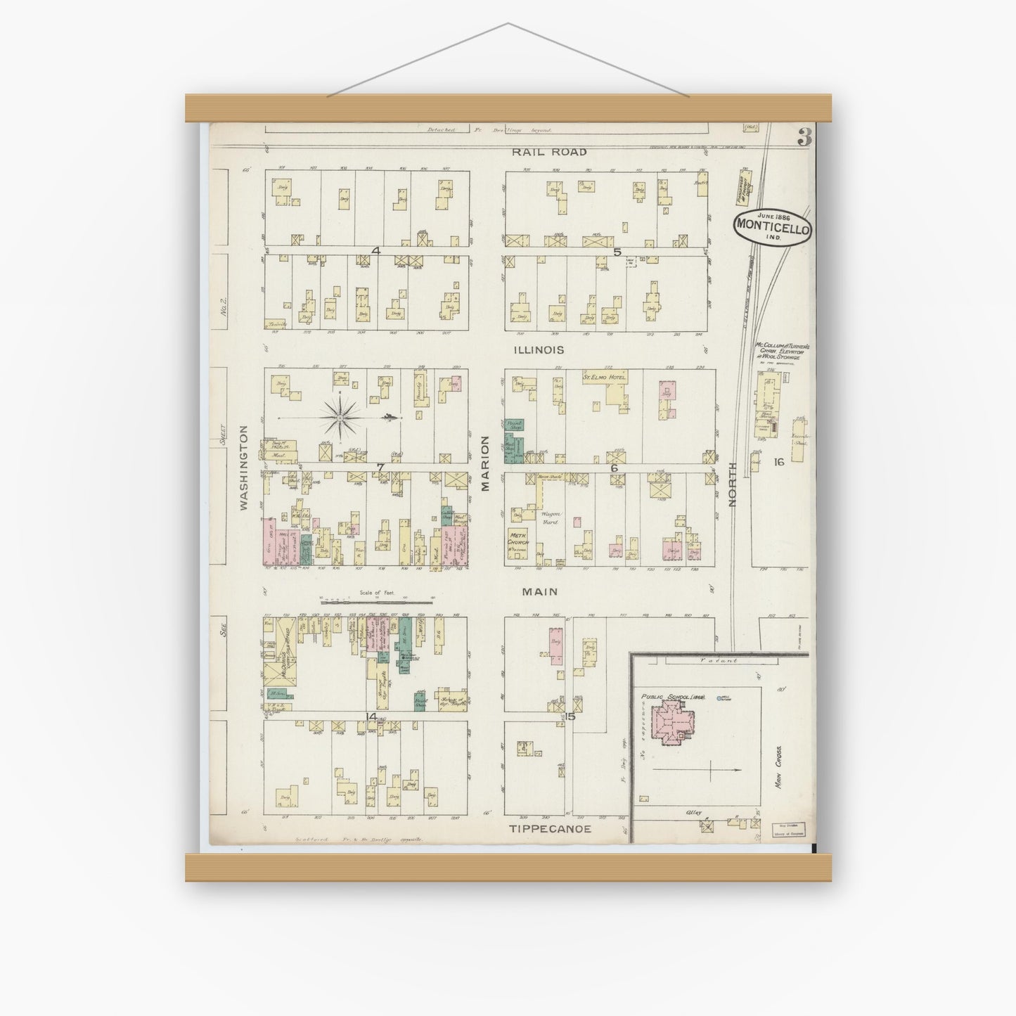 Old map wall art mockup — magnetic wood frame on white wall — Sanborn Fire Insurance Map from Monticello, White County, Indiana (1886), Sheet #0003