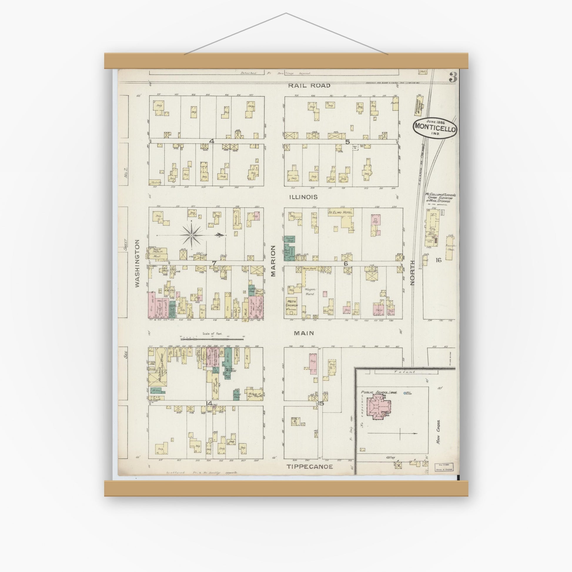 Old map wall art mockup — magnetic wood frame on white wall — Sanborn Fire Insurance Map from Monticello, White County, Indiana (1886), Sheet #0003