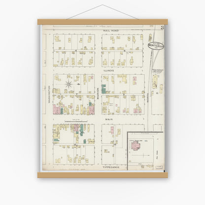 Old map wall art mockup — magnetic wood frame on white wall — Sanborn Fire Insurance Map from Monticello, White County, Indiana (1886), Sheet #0003
