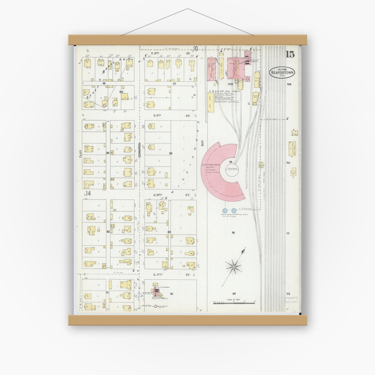 Old map wall art mockup — magnetic wood frame on white wall — Sanborn Fire Insurance Map from Beardstown, Cass County, Illinois (1906), Sheet #0015
