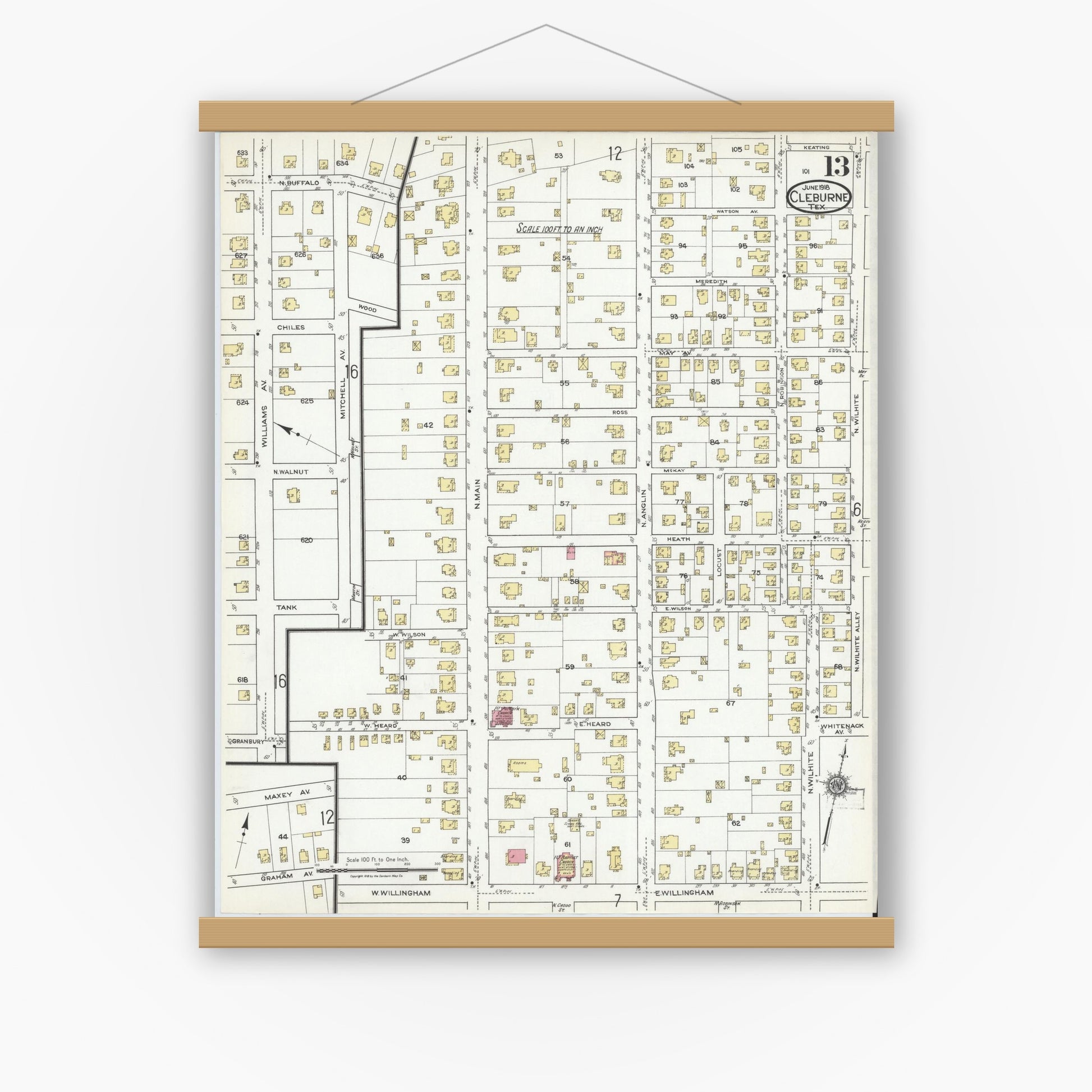 Old map wall art mockup — magnetic wood frame on white wall — Sanborn Fire Insurance Map from Cleburne, Johnson County, Texas (1918), Sheet #0013
