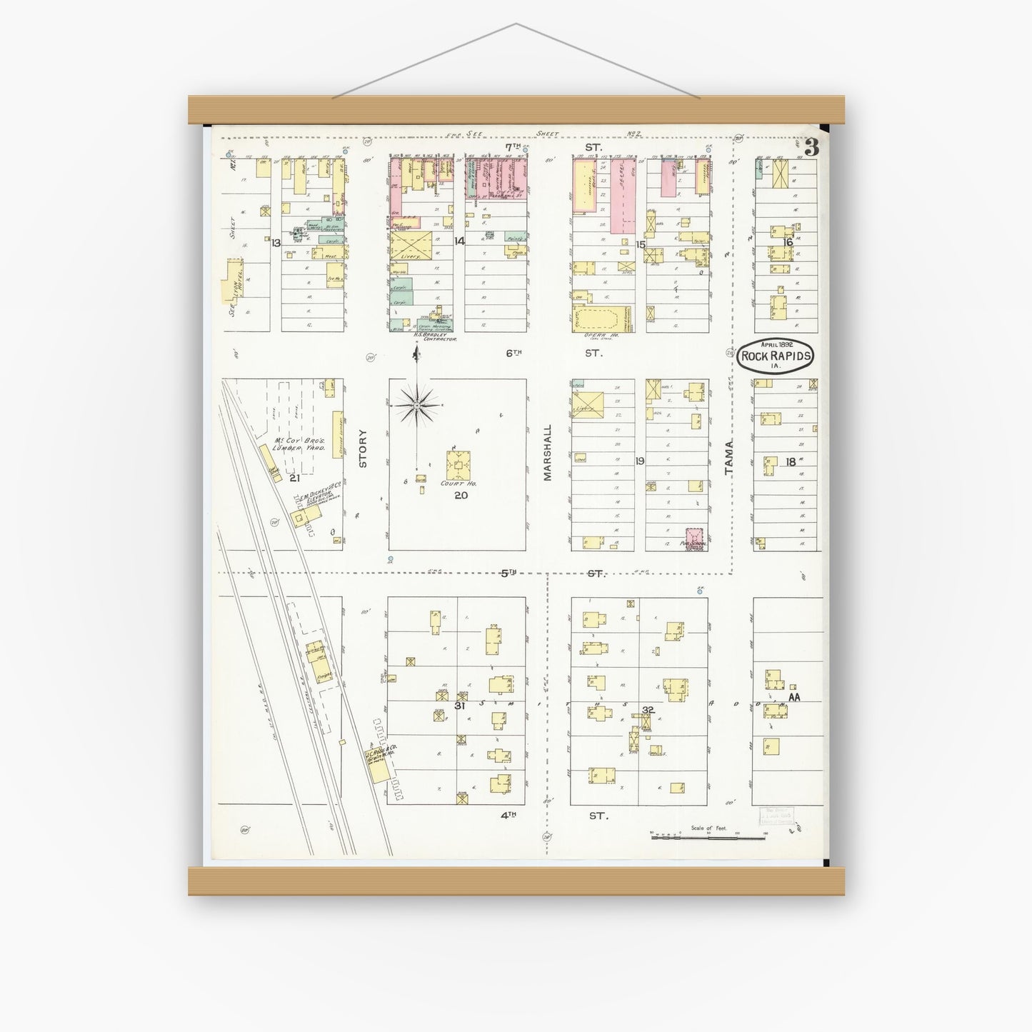 Old map wall art mockup — magnetic wood frame on white wall — Sanborn Fire Insurance Map from Rock Rapids, Lyon County, Iowa (1892), Sheet #0003
