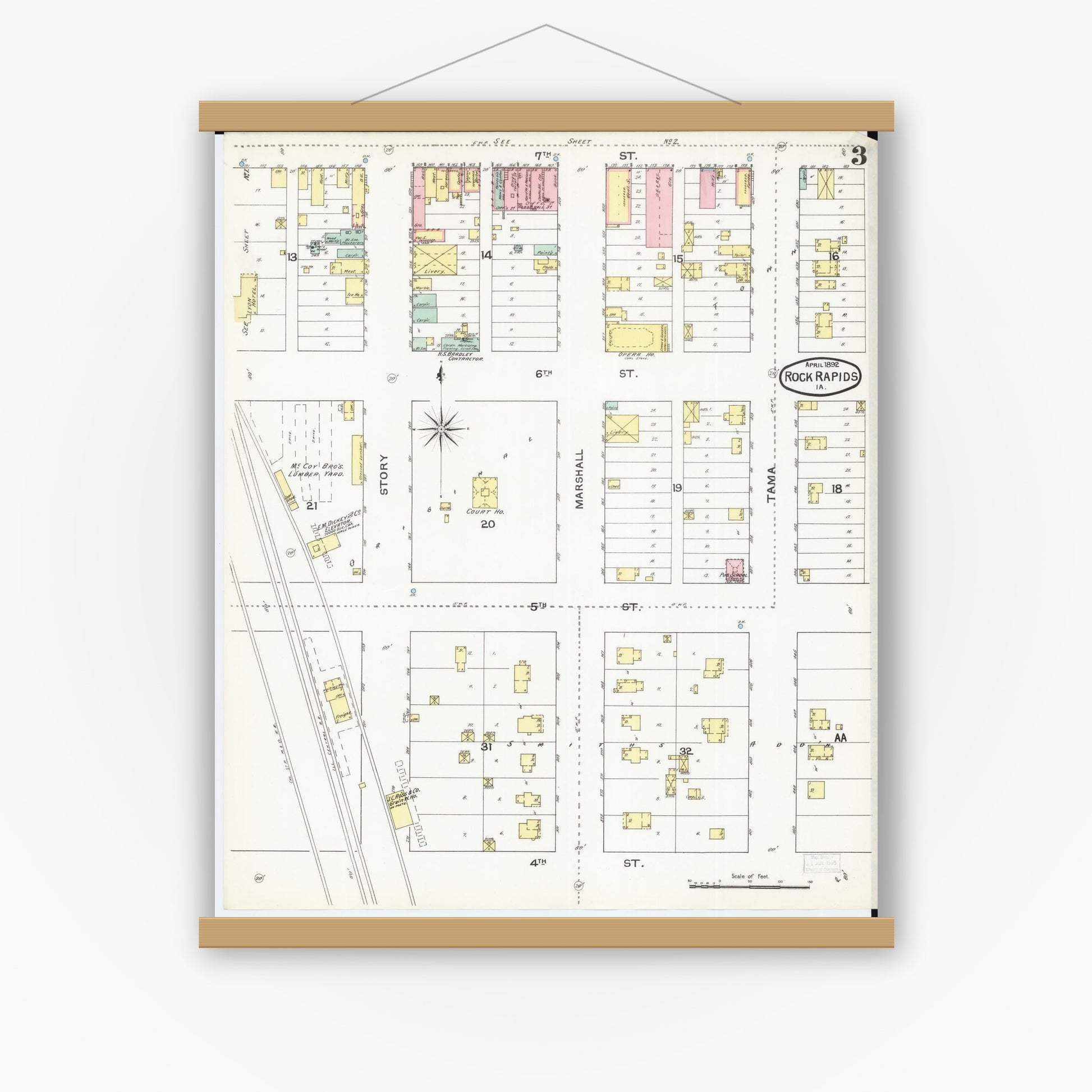 Old map wall art mockup — magnetic wood frame on white wall — Sanborn Fire Insurance Map from Rock Rapids, Lyon County, Iowa (1892), Sheet #0003