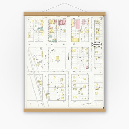 Old map wall art mockup — magnetic wood frame on white wall — Sanborn Fire Insurance Map from Rock Rapids, Lyon County, Iowa (1892), Sheet #0003