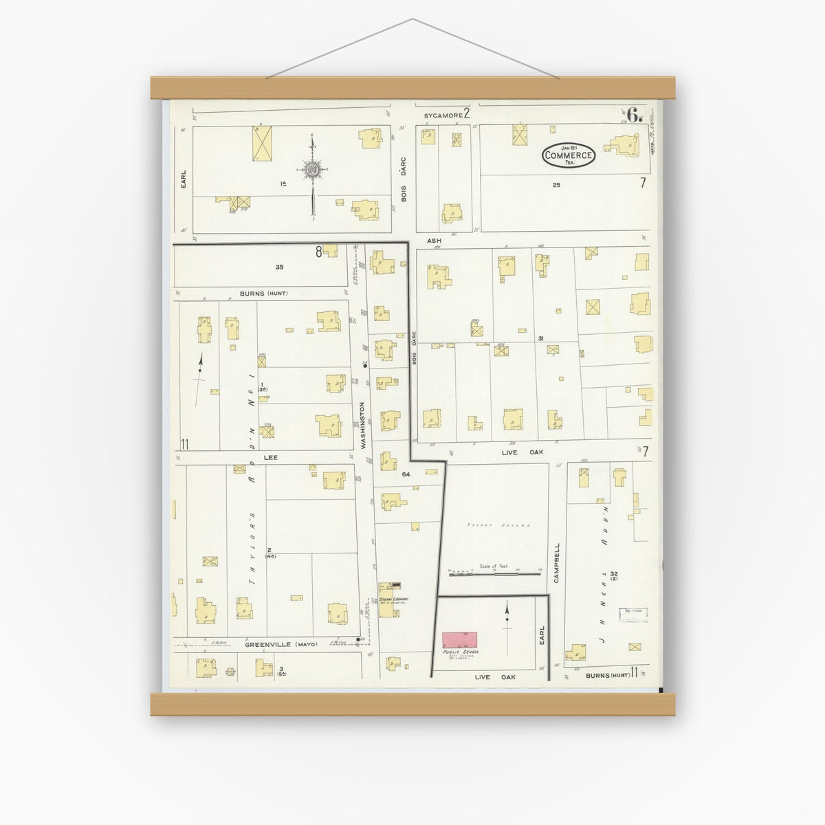 Old map wall art mockup — magnetic wood frame on white wall — Sanborn Fire Insurance Map from Commerce, Hunt County, Texas (1911), Sheet #0006