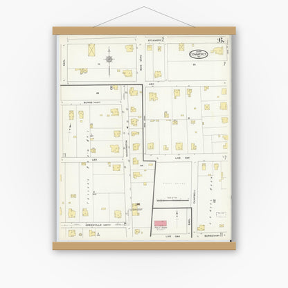 Old map wall art mockup — magnetic wood frame on white wall — Sanborn Fire Insurance Map from Commerce, Hunt County, Texas (1911), Sheet #0006