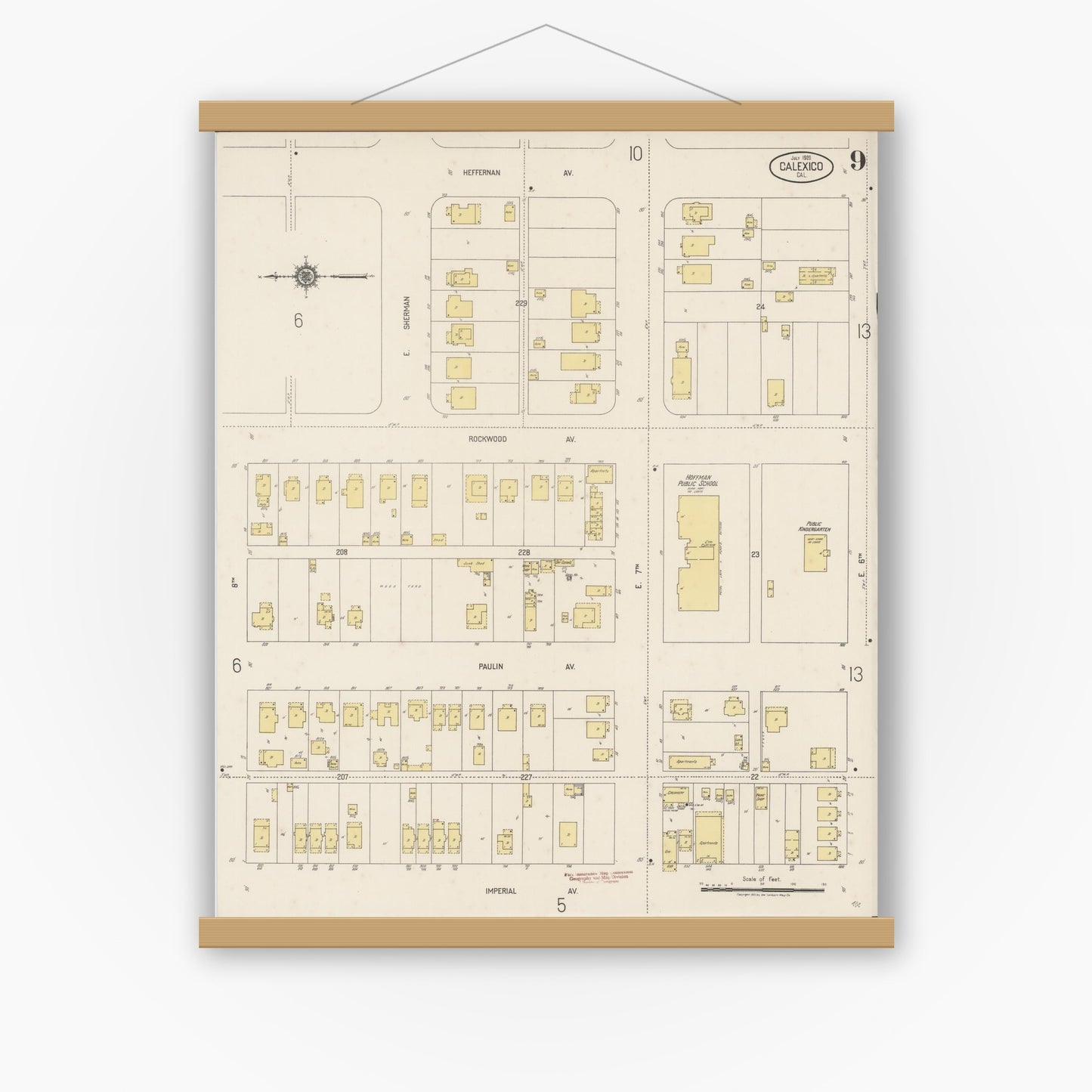 Old map wall art mockup — magnetic wood frame on white wall — Sanborn Fire Insurance Map from Calexico, Imperial County, California (1920), Sheet #0009