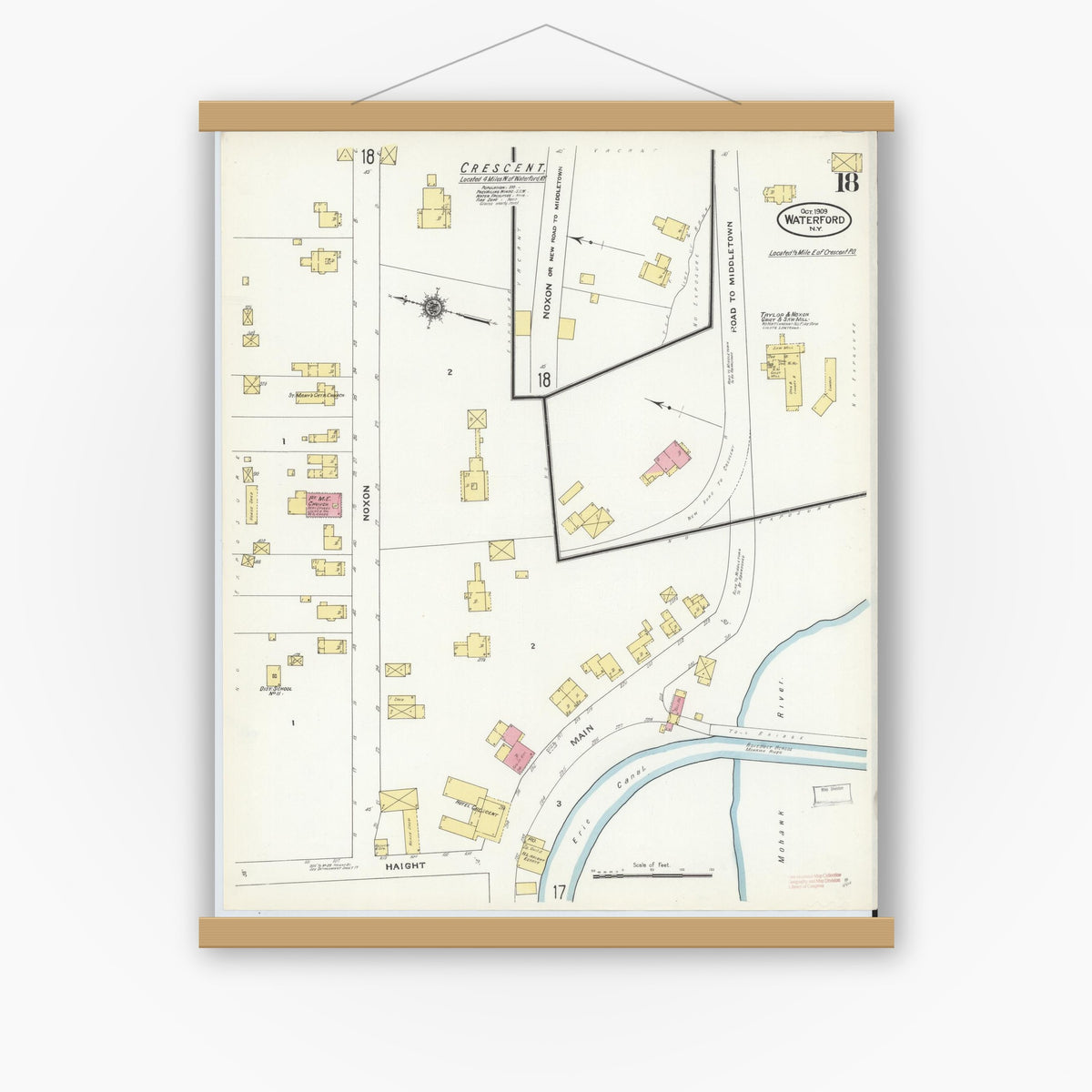 Old map wall art mockup — magnetic wood frame on white wall — Sanborn Fire Insurance Map from Waterford, Saratoga County, New York (1909), Sheet #0018