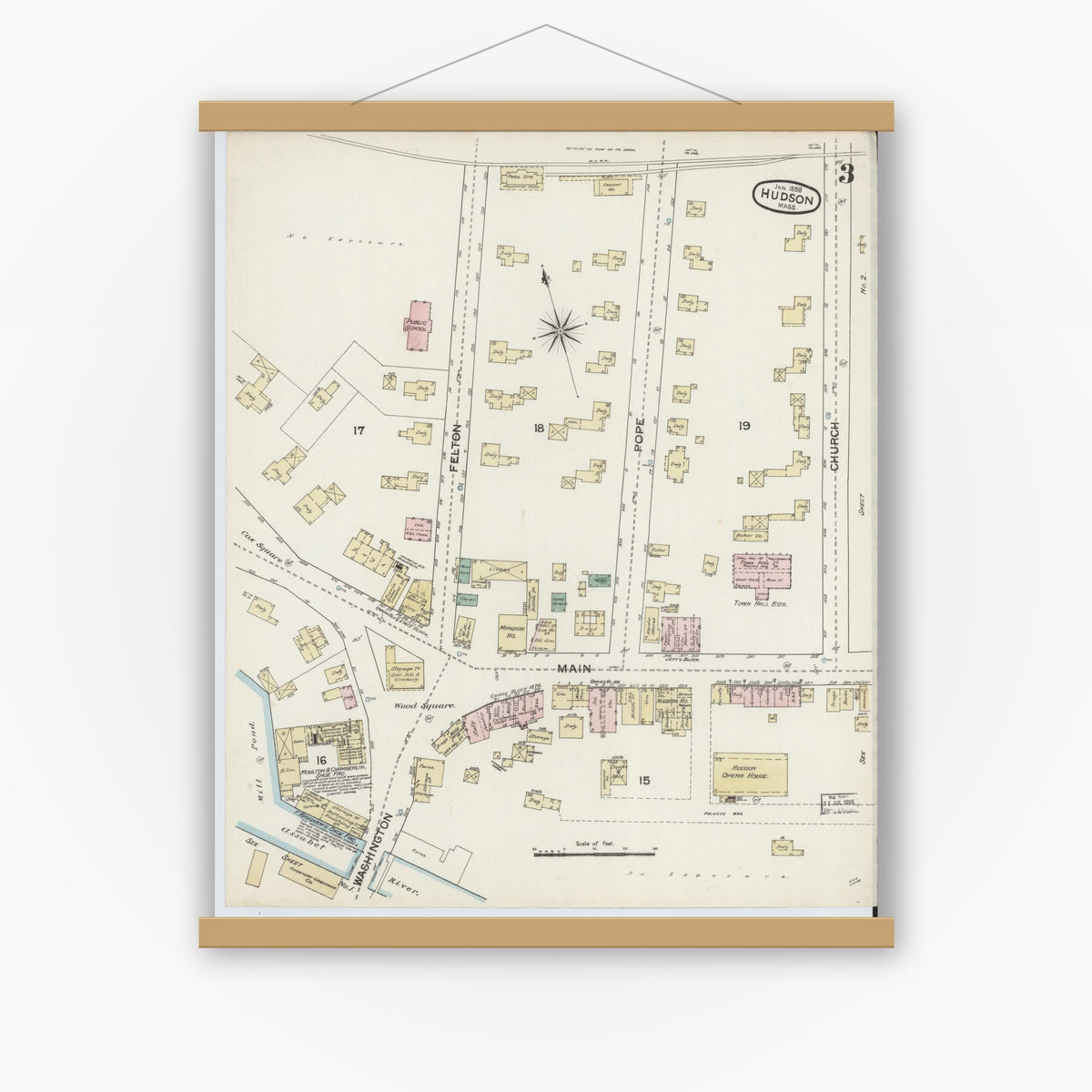 Old map wall art mockup — magnetic wood frame on white wall — Sanborn Fire Insurance Map from Hudson, Middlesex County, Massachusetts (1888), Sheet #0003