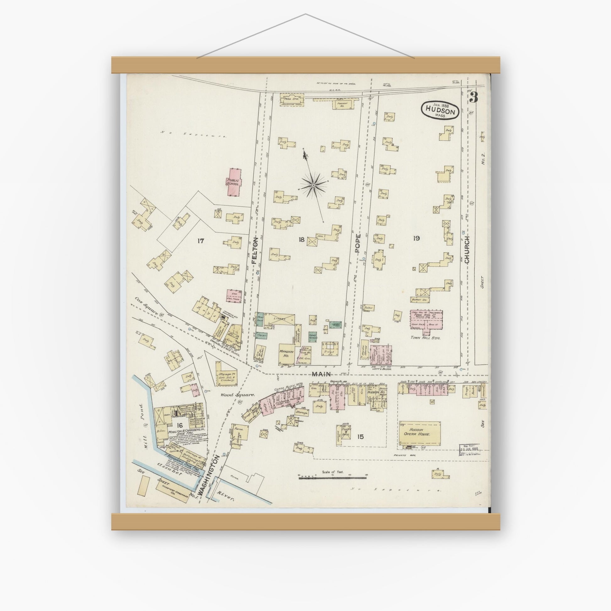 Old map wall art mockup — magnetic wood frame on white wall — Sanborn Fire Insurance Map from Hudson, Middlesex County, Massachusetts (1888), Sheet #0003
