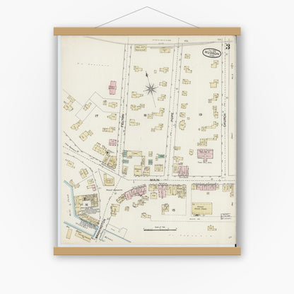 Old map wall art mockup — magnetic wood frame on white wall — Sanborn Fire Insurance Map from Hudson, Middlesex County, Massachusetts (1888), Sheet #0003