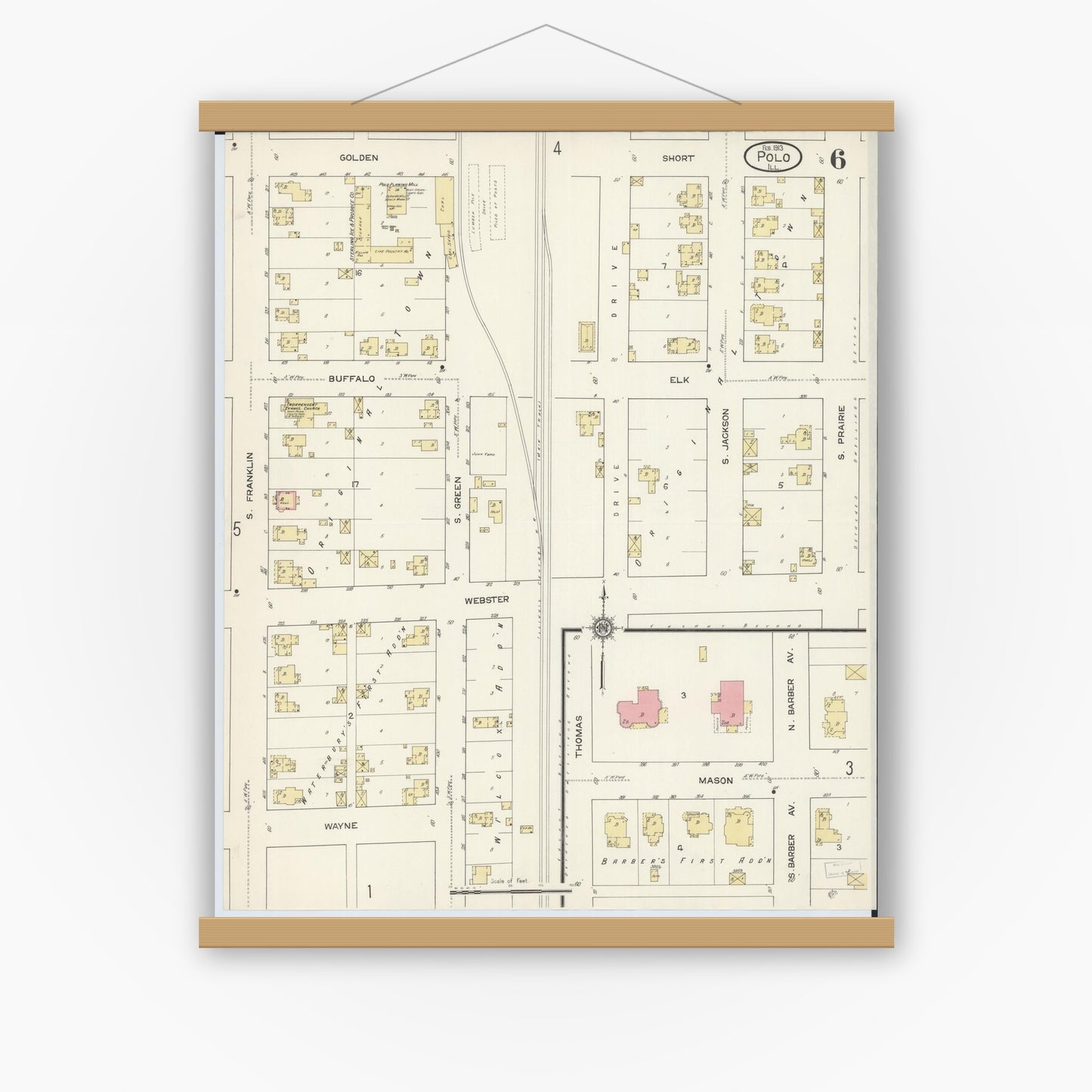 Old map wall art mockup — magnetic wood frame on white wall — Sanborn Fire Insurance Map from Polo, Ogle County, Illinois (1913), Sheet #0006