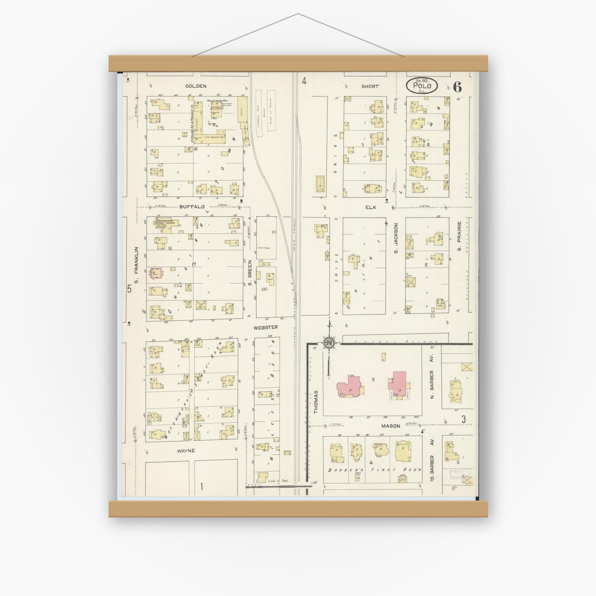 Old map wall art mockup — magnetic wood frame on white wall — Sanborn Fire Insurance Map from Polo, Ogle County, Illinois (1913), Sheet #0006