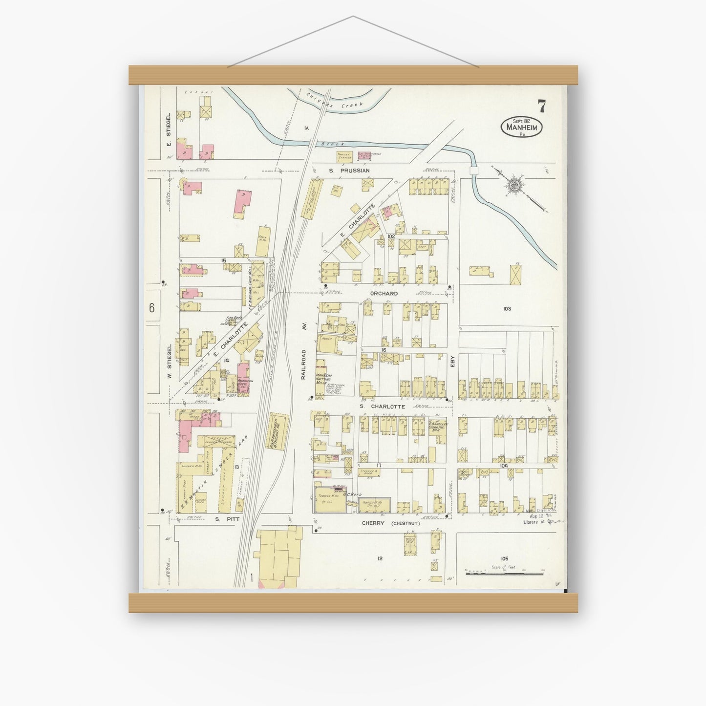 Old map wall art mockup — magnetic wood frame on white wall — Sanborn Fire Insurance Map from Manheim, Lancaster County, Pennsylvania (1912), Sheet #0007