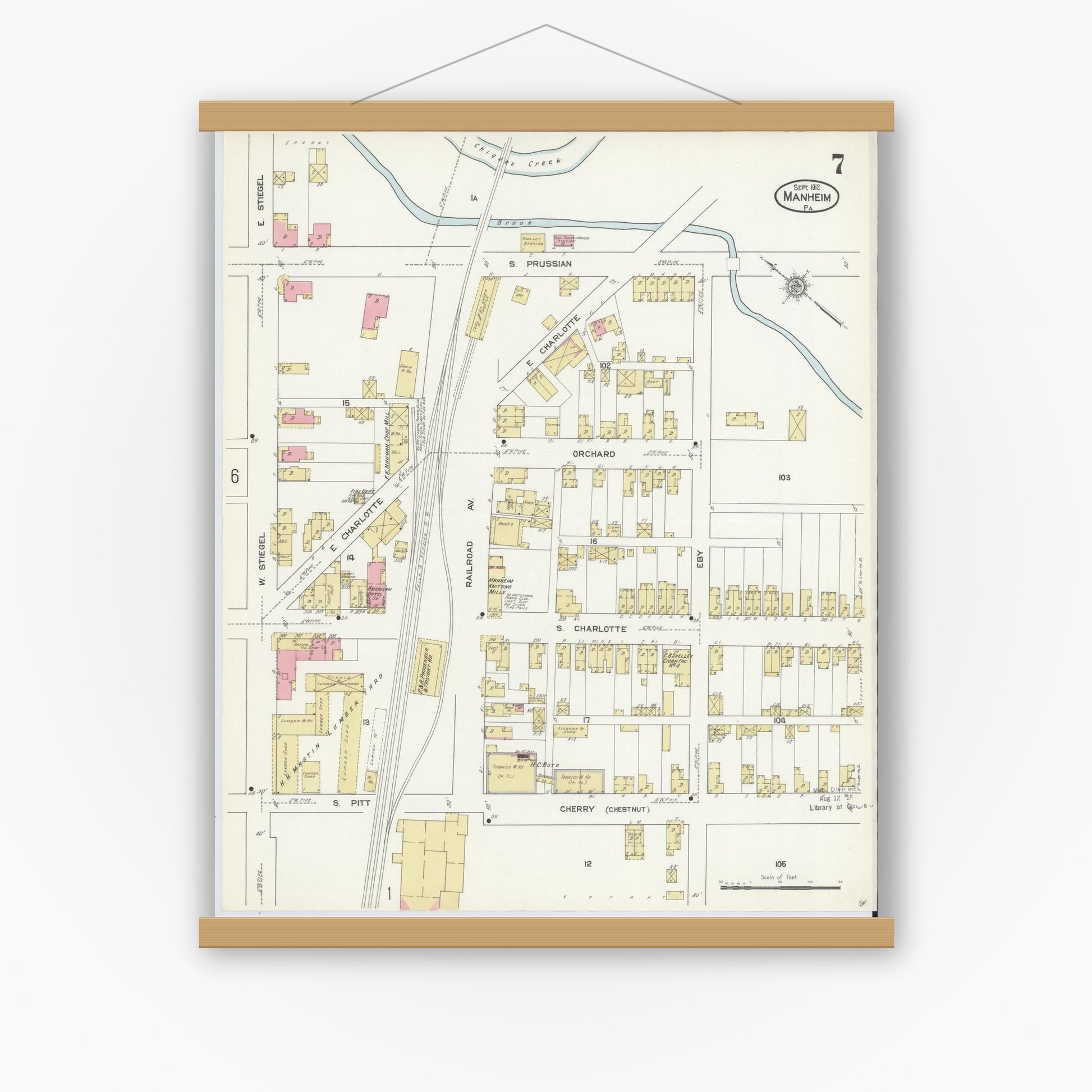 Old map wall art mockup — magnetic wood frame on white wall — Sanborn Fire Insurance Map from Manheim, Lancaster County, Pennsylvania (1912), Sheet #0007