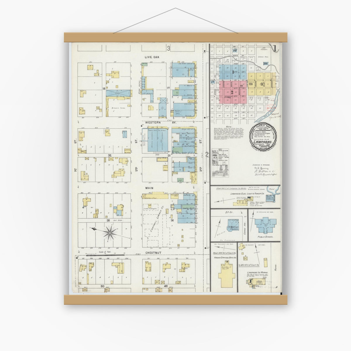 Old map wall art mockup — magnetic wood frame on white wall — Sanborn Fire Insurance Map from Lampasas, Lampasas County, Texas (1896) - Complete Map Set