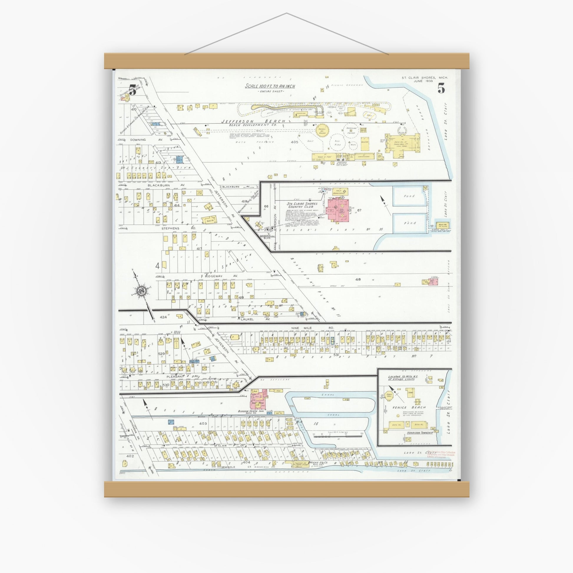 Old map wall art mockup — magnetic wood frame on white wall — Sanborn Fire Insurance Map from Saint Clair Shores, Macomb County, Michigan (1933), Sheet #0005