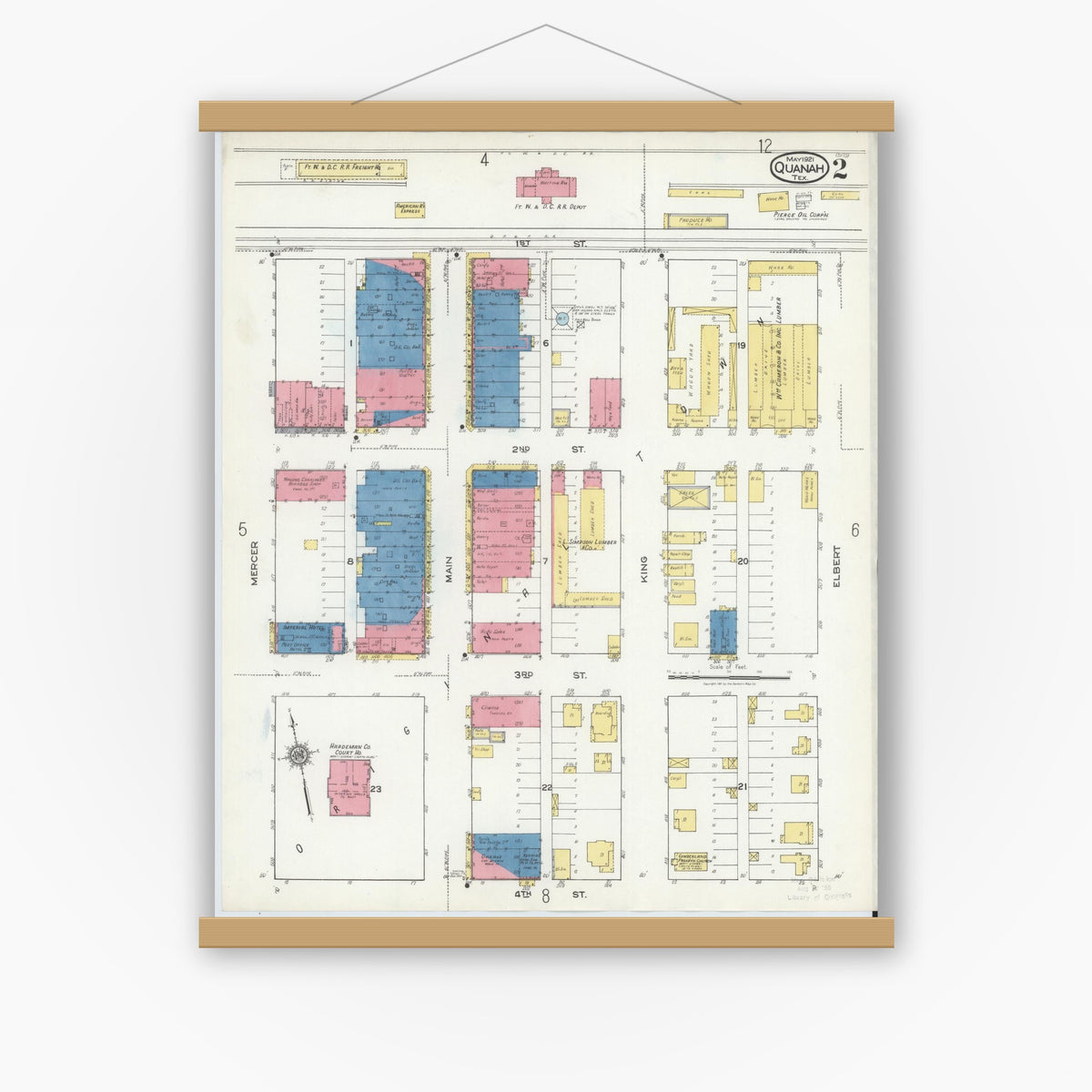 Old map wall art mockup — magnetic wood frame on white wall — Sanborn Fire Insurance Map from Quanah, Hardeman County, Texas (1921), Sheet #0002