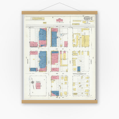 Old map wall art mockup — magnetic wood frame on white wall — Sanborn Fire Insurance Map from Quanah, Hardeman County, Texas (1921), Sheet #0002
