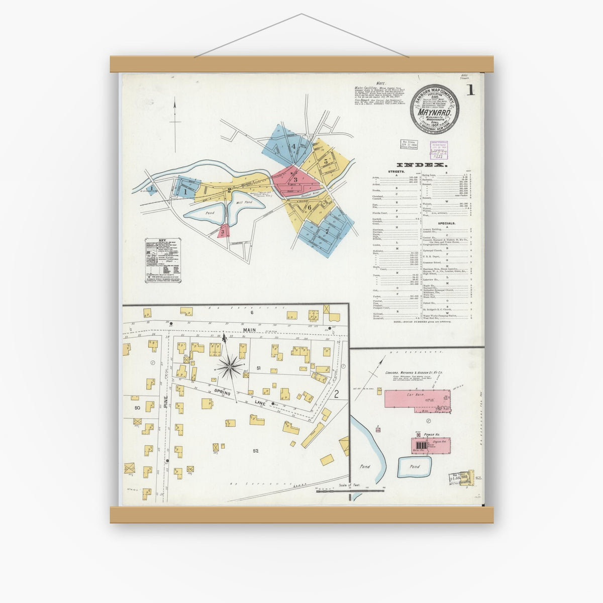 Old map wall art mockup — magnetic wood frame on white wall — Sanborn Fire Insurance Map from Maynard, Middlesex County, Massachusetts (1904) - Complete Map Set