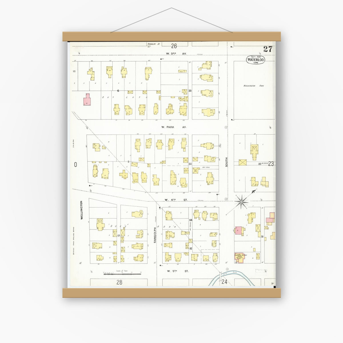 Old map wall art mockup — magnetic wood frame on white wall — Sanborn Fire Insurance Map from Waterloo, Black Hawk County, Iowa (1900), Sheet #0027