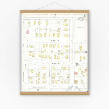 Old map wall art mockup — magnetic wood frame on white wall — Sanborn Fire Insurance Map from Waterloo, Black Hawk County, Iowa (1900), Sheet #0027